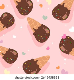 Ice cream chocolate seamless pattern with sprinkle and heart decoration. Sweet food cartoon. Can be used for wallpaper, paper wrapping, print and fashion fabric