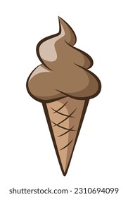 ice cream - chocolate soft serve ice cream in a cone, color vector illustration isolated on white background