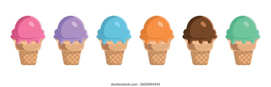 Ice cream. Chocolate, strawberry, orange, Mint, blueberry. Summer food vector illustration.