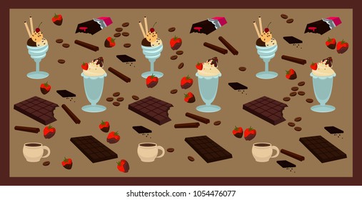 Ice cream, chocolate and strawberry set. Vector illustration