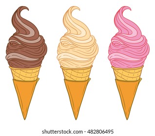 Ice cream. Chocolate, strawberry and vanilla ice cream in the cone on white background