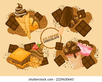 Ice cream chocolate, sweet tasty snack, cocoa dessert, flavor advertisement, design, in cartoon style vector illustration.