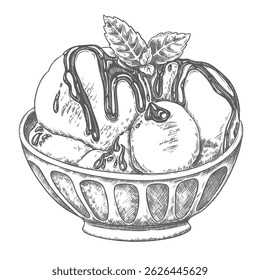 Ice Cream with chocolate topping and mint leaf in the bowl hand drawn vector food illustration. Line art graphic of dessert in the sketch style perfect for menu or product creation and package design.