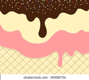 Ice cream chocolate vanilla and strawberry with colorful topping sprinkles texture background pattern wallpaper. Vector image