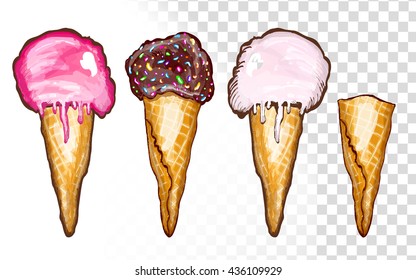 Ice cream Chocolate vanilla and strawberry ice cream in the cone isolated on white vector. 