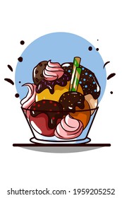 Ice cream with chocolate cream with wafers and biscuit in a bowl
