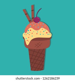 ice cream with chocolate waffle cone vector icon illustration