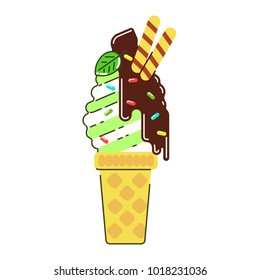 Ice cream with chocolate in a waffle cup.Vector. Flat style.