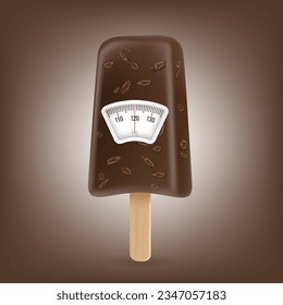 Ice cream chocolate with a weight scale. Diet concept. Vector.