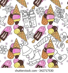 Ice cream christmas seamless pattern. Hand drawn vector doodle.