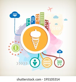 Ice cream and city on abstract colorful watercolor background with different icon and elements. Design for the print, advertising, banner.