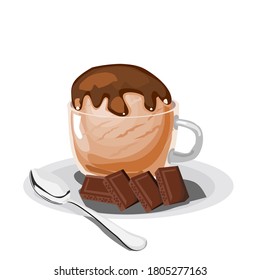 Ice cream in a clear glass with chocolate cream on top, with a spoon and a chocolate bar placed on the side.