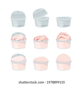 Ice cream in a clear plastic container. Plastic container with a plastic lid. Outline vector illustration on a white background.