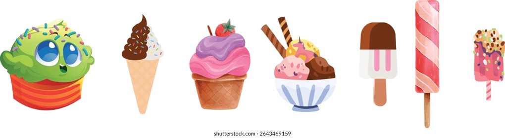 Ice Cream Clipart Bright and playful set of ice cream illustrations in a flat doodle style. Fully repainted clipart featuring colorful, hand-drawn elements perfect for summer-themed designs, stickers,