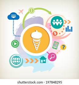 Ice cream and and cloud on abstract colorful watercolor background with different icon and elements. 