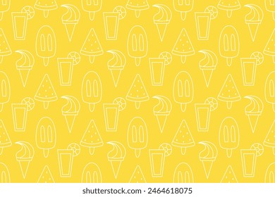 Ice Cream and Cocktail Bright Seamless Pattern. Cute Summer Yellow Repeating Endless Background.