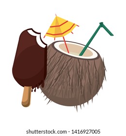 Ice cream and cocktail coconut with straw and umbrella vector illustration graphic design
