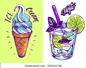 Ice cream and cocktail mojito. Vector illustration