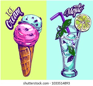 Ice cream and cocktail mojito. Vector illustration