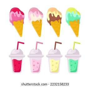 Ice cream and cocktails in cups vector illustrations set. Collection of cartoon drawings of plastic cups with drinks, ice cream cones isolated on white background. Desserts, refreshment concept