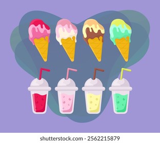 Ice cream and cocktails in cups vector illustrations set. Collection of cartoon drawings of plastic cups with drinks, ice cream cones on abstract background. Desserts, refreshment concept
