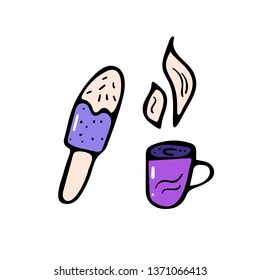 Ice cream and coffee cup in doodle style. Icecream and mug with beverage isolated on white backgroud. Vector illustration.