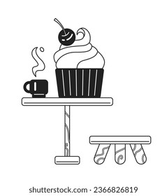 Ice cream and coffee cup on table monochrome flat vector object. Cafe. Dessert. Coffee break. Editable black and white thin line icon. Simple cartoon clip art spot illustration for web graphic design