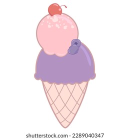 Ice cream with cold cherry cream and blueberries in a waffle cup, retro cartoon stylization, anime image, background element, wallpaper, textile, wrapping paper, greeting cards