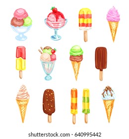 Ice cream, cold dessert food watercolor set. Ice cream cone, bar on stick, sundae ice cream scoop, popsicle and gelato with vanilla, chocolate, mint and fruit flavor, decorated with strawberry and nut