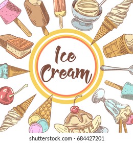 Ice Cream and Cold Desserts Hand Drawn Menu Design with Fruits and Chocolate. Cones and Waffles. Vector illustration