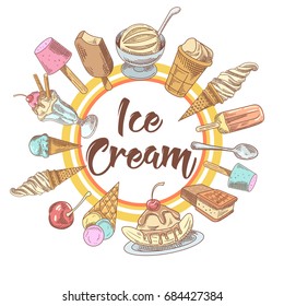 Ice Cream and Cold Desserts Hand Drawn Background with Fruits and Chocolate. Cones and Waffles. Vector illustration