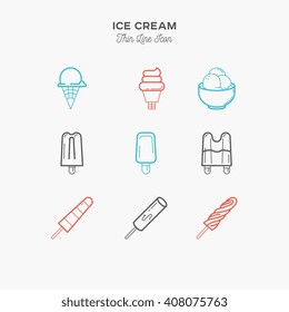 Ice cream, cold desserts, menu objects thin line color icons set, vector illustration