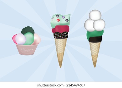 Ice cream, Collection of 3 vector ice cream illustrations isolated color background.

