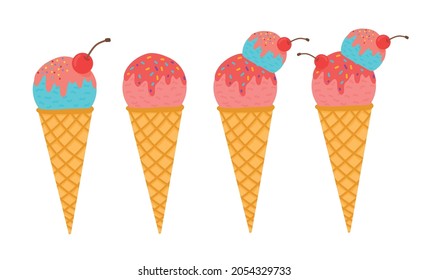 Ice cream. A collection of 4 vector illustrations of ice cream, bright cartoon-style illustrations isolated on white. Cute doodle style illustration for product design.