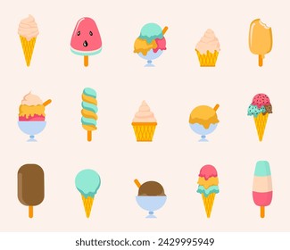 Ice cream collection in a cartoon style. Tasty cute appetizing ice cream. Cartoon ice cream and waffle cones