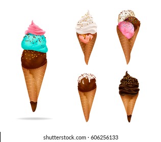 Ice cream collection: chocolate, vanilla, cream,scoops, waffle cone, different colors and forms. Hand drawn elements, vector illustration, editable elements, 3d tasty set, isolated on white background