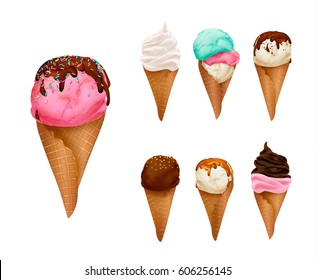 Ice cream collection: chocolate, vanilla, cream,scoops, waffle cone, different colors and forms. Hand drawn elements, vector illustration, editable elements, 3d tasty set, isolated on white background