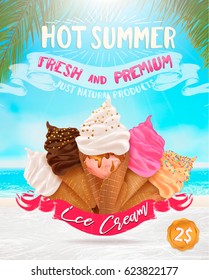 Ice cream collection: chocolate, vanilla, cream,scoops,waffle cone,different colors, forms. Summer beach,vector illustration, editable elements,3d tasty set,delicious Icecream Flyer Design, background