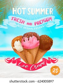 Ice cream collection: chocolate, vanilla, cream,scoops,waffle cone,different colors, forms. Summer beach,vector illustration, editable elements,3d tasty set,delicious Icecream Flyer Design, background