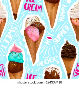 Ice cream collection: chocolate, vanilla, cream, scoops, waffle cone, different colors, forms. Summer seamless pattern, vector illustration, editable elements,3d tasty set, delicious Icecream background.