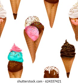 Ice cream collection: chocolate, vanilla, cream, scoops, waffle cone, different colors, forms. Summer seamless pattern, vector illustration, editable elements,3d tasty set, delicious Icecream background.