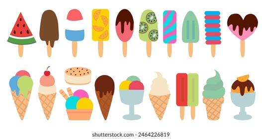 Ice cream collection. Citrus orange, watermelon, ball in cup, classic, gelato, sorbet, Waffle cup, fudge, popsicle, sundae, vanilla, with cherry, sandwich, chocolate, in cone. Summer time sweet food.