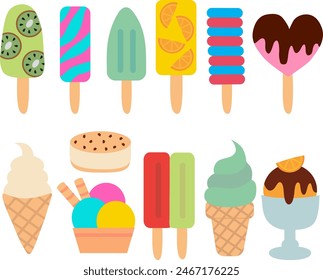 Ice cream collection. Citrus orange, ball in cup, classic, gelato, sorbet, Waffle cup, fudge, popsicle, sundae, vanilla, sandwich, chocolate, in cone. Summer time sweet food.