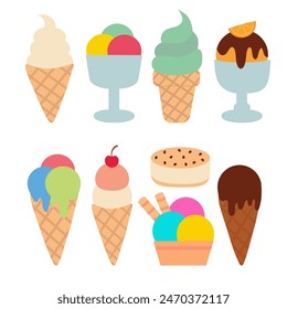 Ice cream collection. Citrus orange, ball in cup, classic, gelato, sorbet, Waffle cup, sundae, vanilla, with cherry, sandwich, chocolate, in cone. Summer time sweet food.