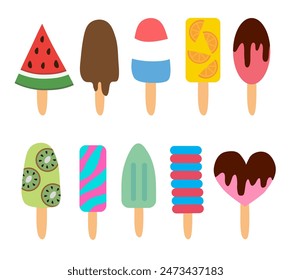 Colección de helado. Naranja cítrica, sandía, bola en taza, clásico, gelato, sorbete, kiwi, fudge, paleta, helado, chocolate, en cono. Comida dulce de verano.