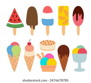 Ice cream collection. Citrus orange, watermelon, ball in cup, classic, gelato, sorbet, Waffle cup, fudge, popsicle, sundae, vanilla, with cherry, sandwich, chocolate, in cone. Summer time sweet food.