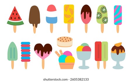 Ice cream collection. Citrus orange, watermelon, ball in cup, classic, gelato, sorbet, Waffle cup, fudge, popsicle, sundae, vanilla, sandwich, chocolate, in cone. Summer time sweet food.