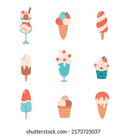Ice cream collection. Ice cream cone with different flavors, ice lolly, ice cream in glass. Summertime, hello summer. Hand drawn vector illustration