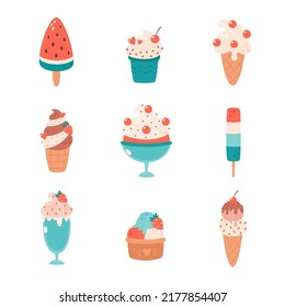 Ice cream collection. Ice cream cone with different flavors, ice lolly, ice cream in glass. Summertime, hello summer. Hand drawn vector illustration