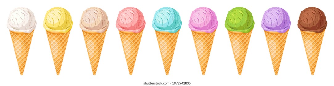 Ice cream collection.Set of different colorful scoops and waffle cone.Sweet summer frozen dessert vector illustration.Gelato in various flavors:vanilla, strawberry, chocolate for wallpaper, background